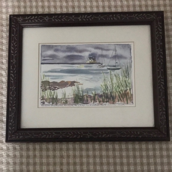 Signed Coastal Watercolor Painting with Detailed Frame
